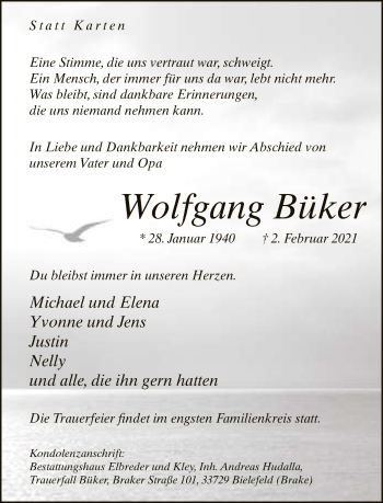 Traueranzeige von Wolfgang Büker von Neue Westfälische