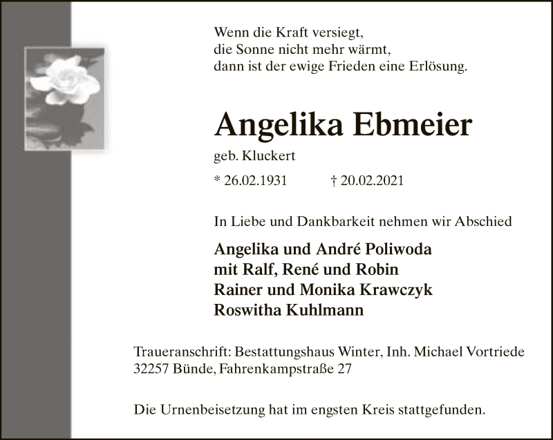  Traueranzeige für Angelika Ebmeier vom 13.03.2021 aus Neue Westfälische