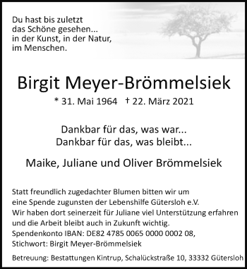 Traueranzeige von Birgit Meyer-Brömmelsiek von Neue Westfälische