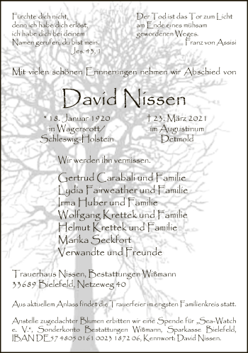 Traueranzeige von David Nissen von Neue Westfälische