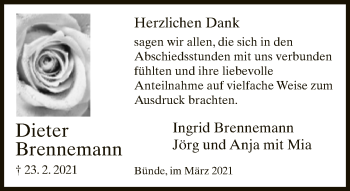 Traueranzeige von Dieter Brennemann von Neue Westfälische