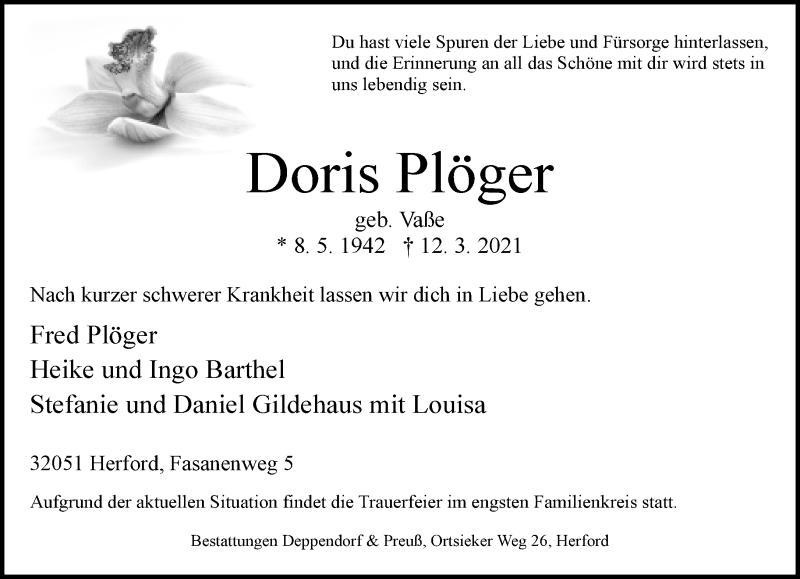  Traueranzeige für Doris Plöger vom 13.03.2021 aus Neue Westfälische