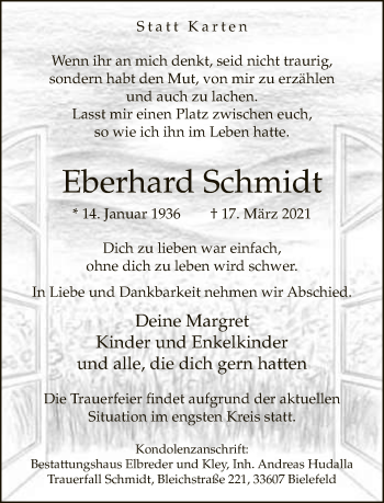 Traueranzeige von Eberhard Schmidt von Neue Westfälische