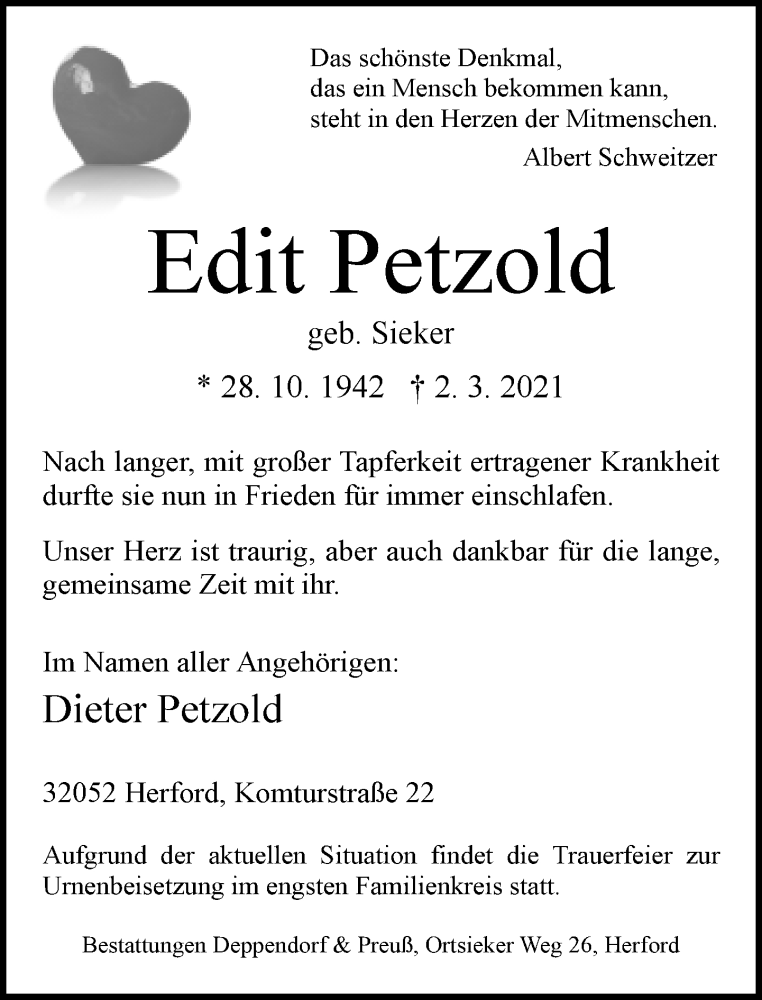  Traueranzeige für Edit Petzold vom 06.03.2021 aus Neue Westfälische