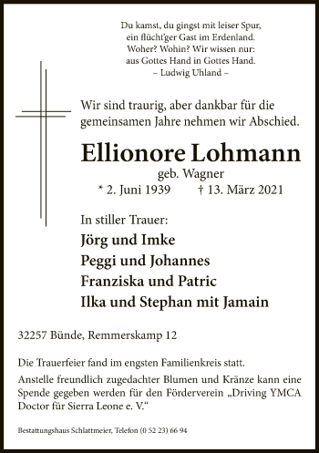 Traueranzeige von Ellionore Lohmann von Neue Westfälische