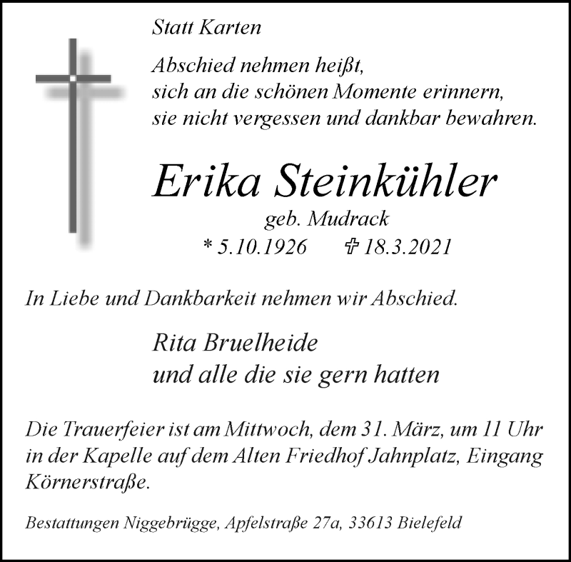  Traueranzeige für Erika Steinkühler vom 27.03.2021 aus Neue Westfälische