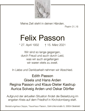 Traueranzeige von Felix Passon von Neue Westfälische