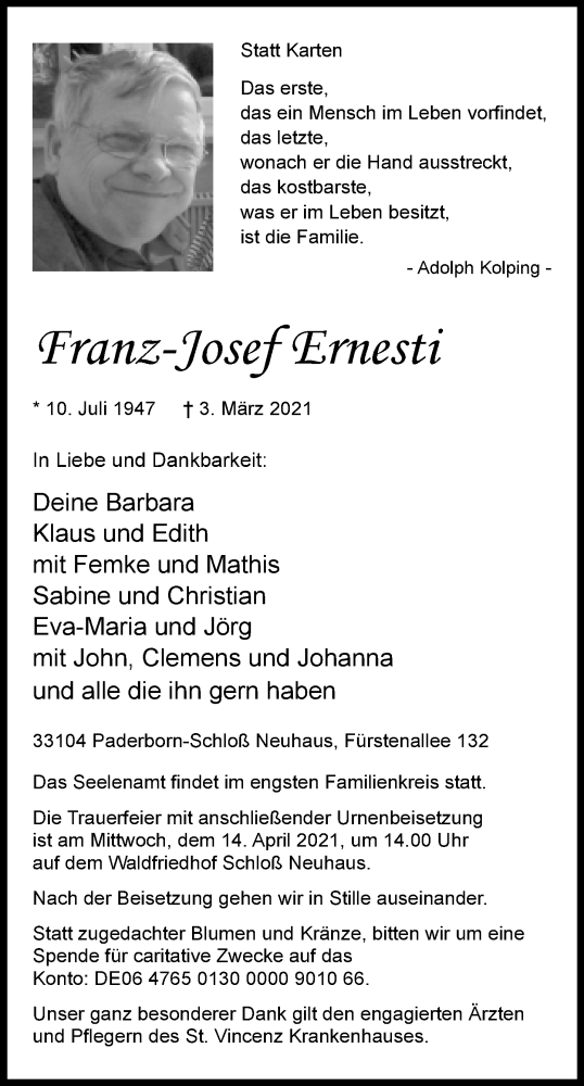  Traueranzeige für Franz Josef Ernesti vom 20.03.2021 aus Neue Westfälische