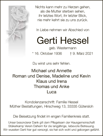 Traueranzeige von Gerti Hessel von Neue Westfälische