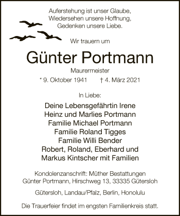 Traueranzeige von Günter Portmann von Neue Westfälische