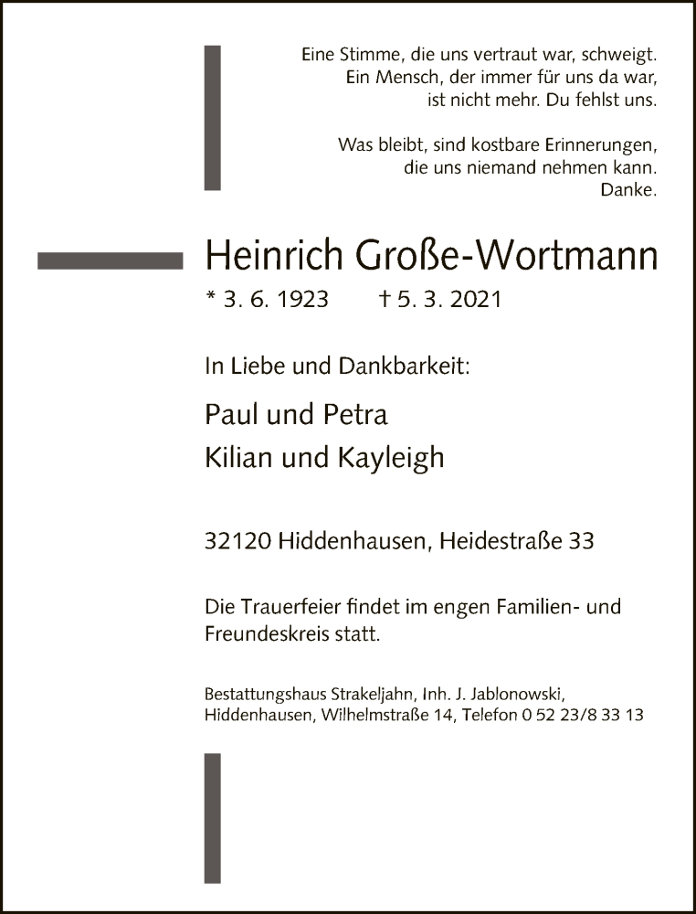  Traueranzeige für Heinrich Große-Wortmann vom 09.03.2021 aus Neue Westfälische