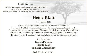 Traueranzeige von Heinz Klatt von Neue Westfälische