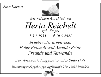 Traueranzeige von Herta Reichelt von Neue Westfälische