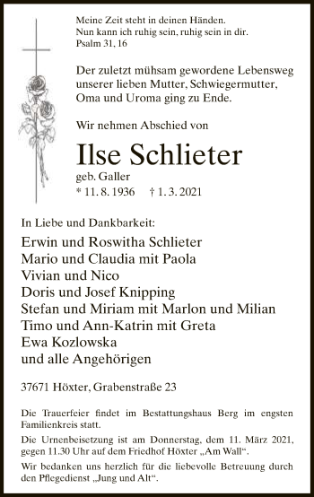 Traueranzeige von Ilse Schlieter von Neue Westfälische