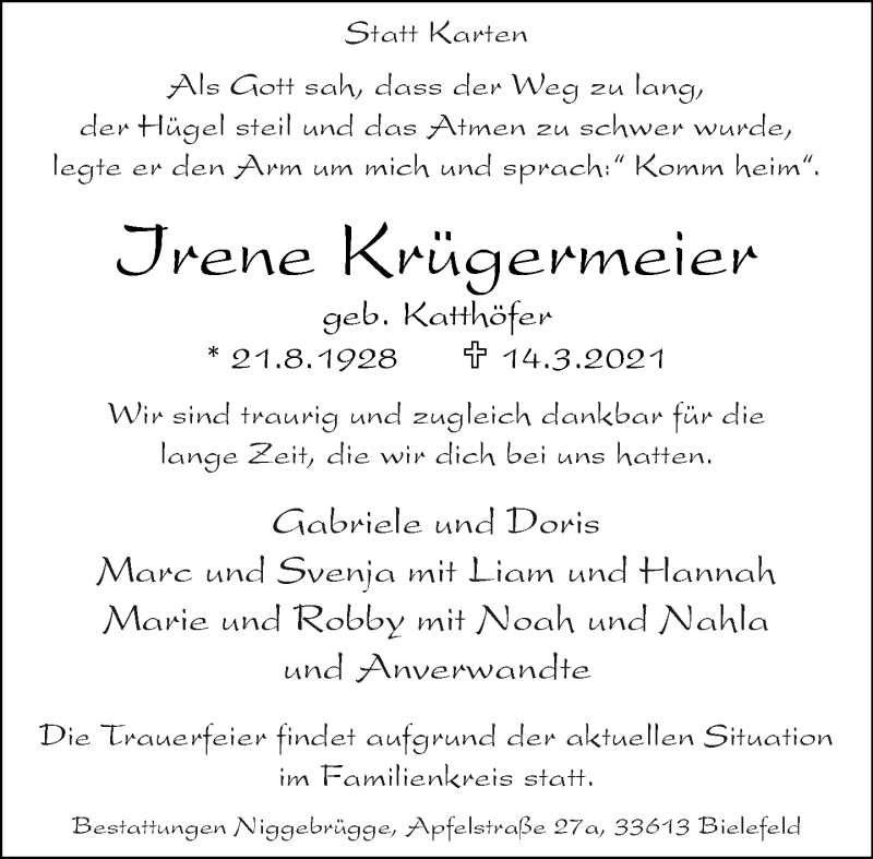  Traueranzeige für Irene Krügermeier vom 20.03.2021 aus Neue Westfälische