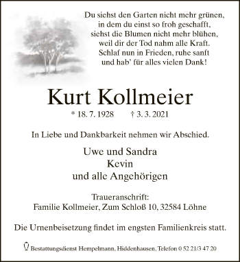 Traueranzeige von Kurt Kollmeier von Neue Westfälische