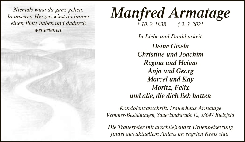  Traueranzeige für Manfred Armatage vom 06.03.2021 aus Neue Westfälische