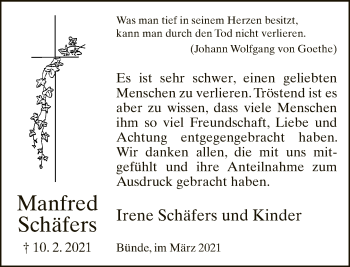 Traueranzeige von Manfred Schäfers von Neue Westfälische