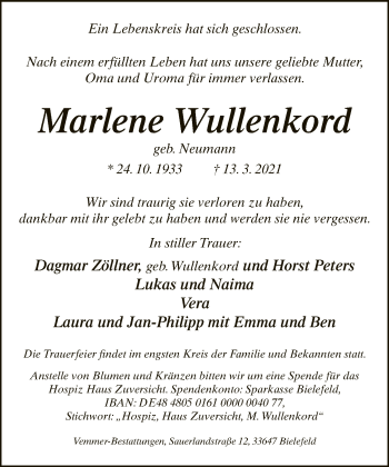 Traueranzeige von Marlene Wullenkord von Neue Westfälische