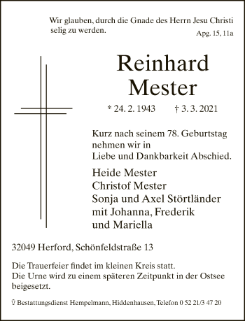 Traueranzeige von Reinhard Mester von Neue Westfälische