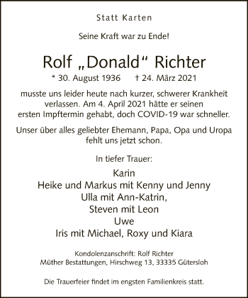 Traueranzeige von Rolf Richter von Neue Westfälische