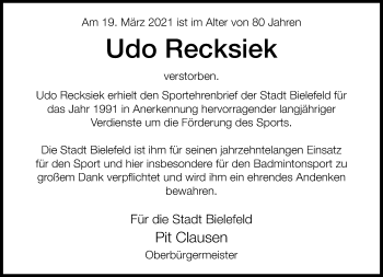 Traueranzeige von Udo Recksiek von Neue Westfälische