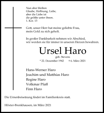 Traueranzeige von Ursel Haro von Neue Westfälische