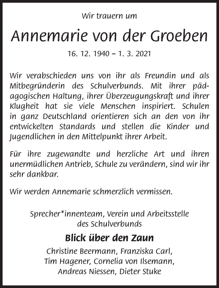  Traueranzeige für Annemarie von der Groeben vom 06.03.2021 aus Neue Westfälische