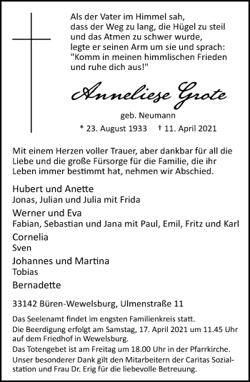 Traueranzeige von Anneliese Grote von Neue Westfälische