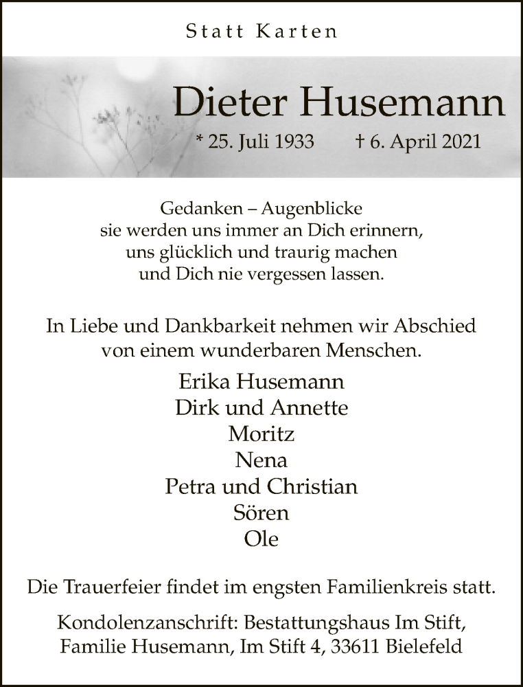  Traueranzeige für Dieter Husemann vom 10.04.2021 aus Neue Westfälische