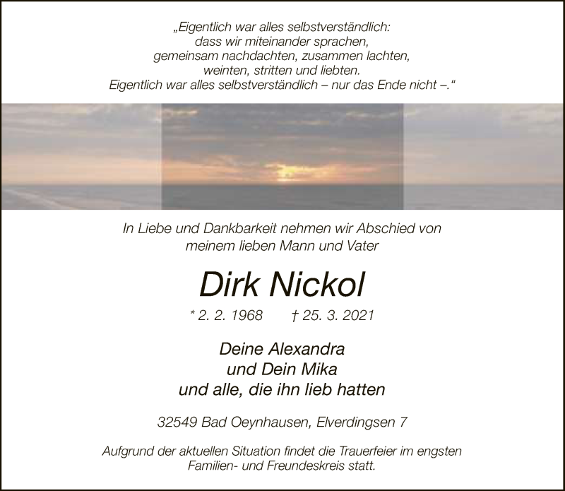  Traueranzeige für Dirk Nickol vom 02.04.2021 aus Neue Westfälische
