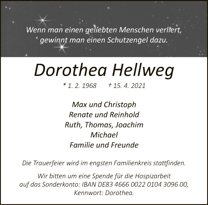  Traueranzeige für Dorothea Hellweg vom 17.04.2021 aus Neue Westfälische