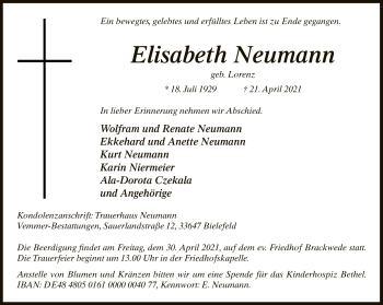 Traueranzeige von Elisabeth Neumann von Neue Westfälische