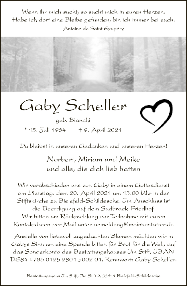  Traueranzeige für Gaby Scheller vom 17.04.2021 aus Neue Westfälische