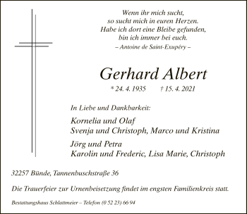 Traueranzeige von Gerhard Albert von Neue Westfälische