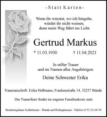 Traueranzeige von Gertrud Markus von Neue Westfälische