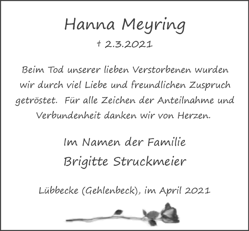  Traueranzeige für Hanna Meyring vom 17.04.2021 aus Neue Westfälische