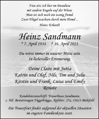 Traueranzeige von Heinz Sandmann von Neue Westfälische