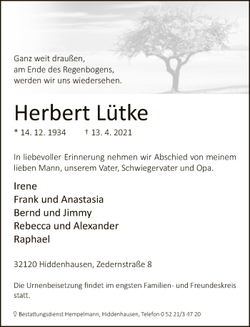 Traueranzeige von Herbert Lütke von Neue Westfälische