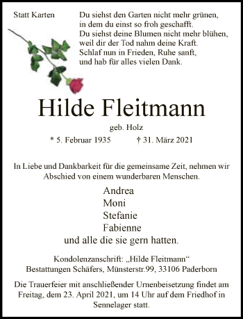 Traueranzeige von Hilde Fleitmann von Neue Westfälische