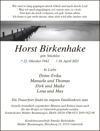 Traueranzeige von Horst Birkenhake von Neue Westfälische
