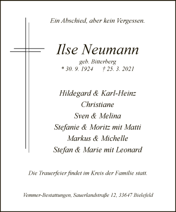 Traueranzeige von Ilse Neumann von Neue Westfälische