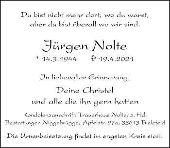 Traueranzeige von Jürgen Nolte von Neue Westfälische