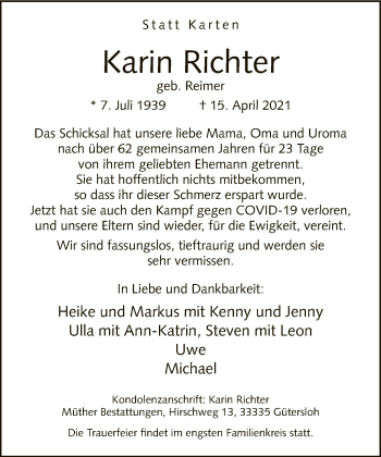 Traueranzeige von Karin Richter von Neue Westfälische