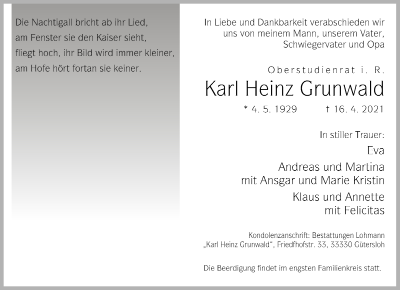  Traueranzeige für Karl Heinz Grunwald vom 22.04.2021 aus Neue Westfälische