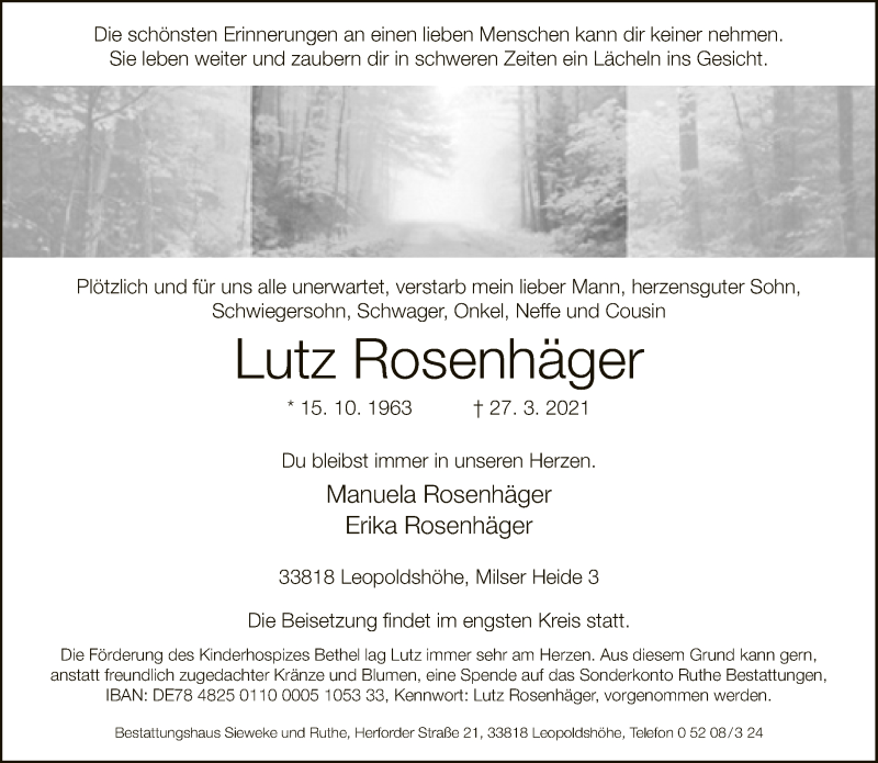  Traueranzeige für Lutz Rosenhäger vom 02.04.2021 aus Neue Westfälische