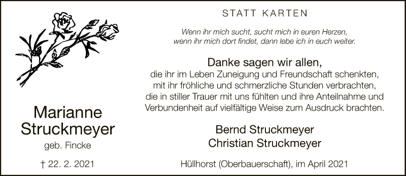  Traueranzeige für Marianne Struckmeyer vom 24.04.2021 aus Neue Westfälische