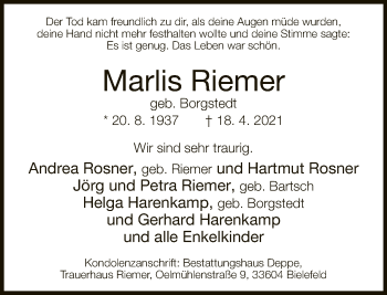 Traueranzeige von Marlis Riemer von Neue Westfälische