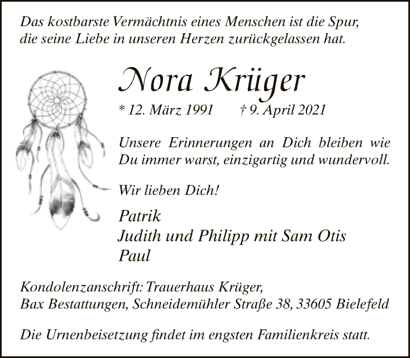  Traueranzeige für Nora Krüger vom 17.04.2021 aus Neue Westfälische