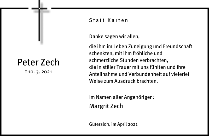  Traueranzeige für Peter Zech vom 10.04.2021 aus Neue Westfälische